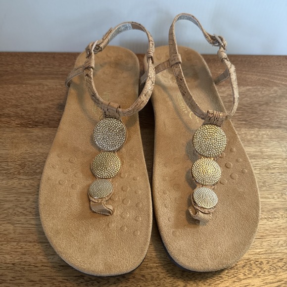 Vionic Shoes - Vionic Lizbeth Sandal Women 10 Gold Cork Leather Orthotic Comfort T-Strap Buckle